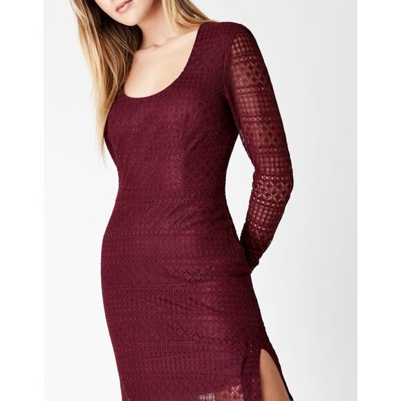 Bardot Revolve Marion Lace Dress Long Sleeve Knee Length Open Back Slit Maroon 8 - Picture 3 of 12